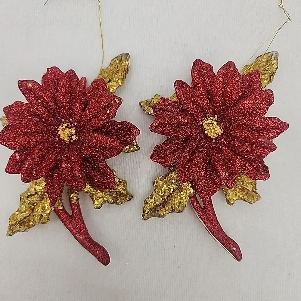Ornament Lot Of 2 Poinsettia Christmas Red and Gold Glitter 4.5